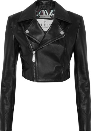 Philipp Plein Cropped Leather Biker Jacket Ls Flame Racing