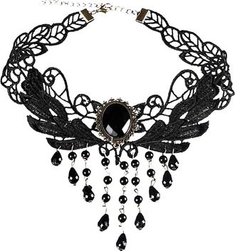 Generic Wide Neckpiece Black Lace Choker Necklace Tiered Fringe Layer Crystal Pendant Jewelry (Black, One Size)
