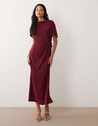 Asos vestito midi morbido con spalle scese in bordeaux-Rosso