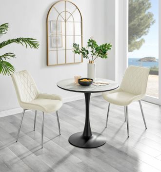 Furniturebox Elina White Marble Effect Scratch Resistant Dining Table & 2 Pesaro Silver Leg Velvet Chairs in Cream