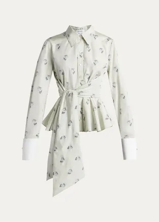 Alexander McQueen Floral Jacquard Taffeta Wrap Peplum Shirt