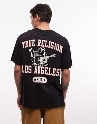 True Religion T-shirt in rete nero corvino con Buddha