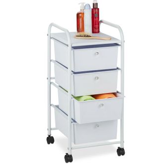 Relaxdays Carrito Auxiliar, 4 Cajones, Metal Y Pl&aacute;stico, Carro Con Ruedas Para Ba&ntilde;o, Cosm&eacute;ticos, 74 X 33 X 39 Cm, Blanco - Relaxdays