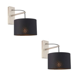 Loops 2 PACK Matt Nickel Wall Light & Black Cotton Fabric Shade - Hanging Wall Fitting in Metallics