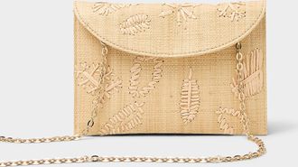 Simons Womens Contrasting leaves raffia clutch