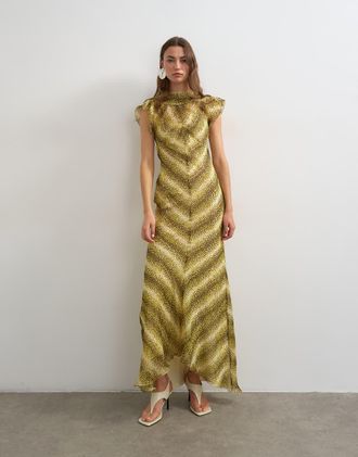 Topshop Vestito lungo in chiffon giallo con stampa animalier e dettaglio foulard