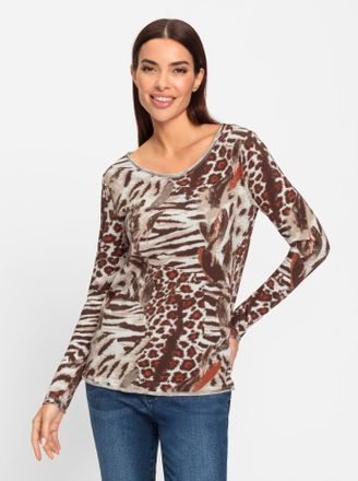 Heine Rundhalsshirt HEINE Druck-Shirt, Damen, Gr. 34, beige (beige, orange), 100% Baumwolle, animal-print, gemustert, mehrfarbig, Rundhals, Shirts Rundhalss