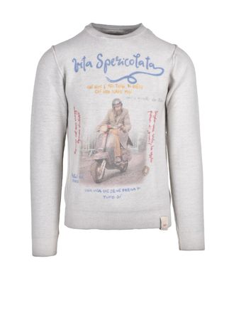 Bob Grey/Blue Wool-Blend Graphic Crewneck Sweater