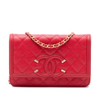 Chanel Tweedehands Caviar CC Filigree Wallet On Chain