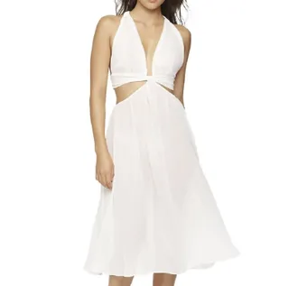 Jezebel Luna Chiffon And Satin Goddess Tea Length Dress In Winter White