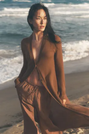 Alo | Sheer Cashmere Long Cardigan Top in Sun Kissed Brown, Size: Large