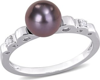 Amour 7-7.5mm Black Freshwater Cultured Pearl and White Topaz Ribbed Design Ring In Sterling Silver