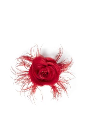 Room76 Feather-Trimmed 3D Georgette Rose Hair Clip - Red
