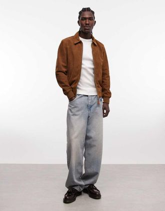 Schott NYC Giacca bomber in vero camoscio color ruggine con colletto-Rosso