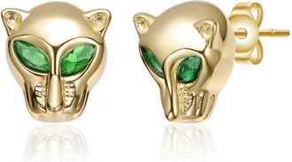 Rachel Glauber 14K Gold Plated with Emerald Green Cubic Zirconia Eyes, Animal Face Stud Earrings
