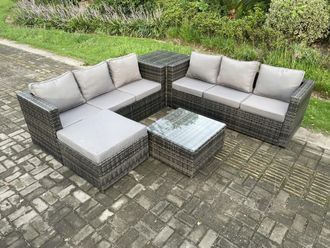 Fimous 7 Seater Rattan Garden Furniture Sofa Set with Side Table Square Coffee Table Big Footstool Indoor Outdoor Rattan Set in Dark Grey