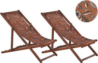Beliani Beliani - Conjunto De 2 Tumbonas De Jard&iacute;n De Madera De Acacia Oscura Rojo Negro Blanco Floral Reclinable Plegable Anzio