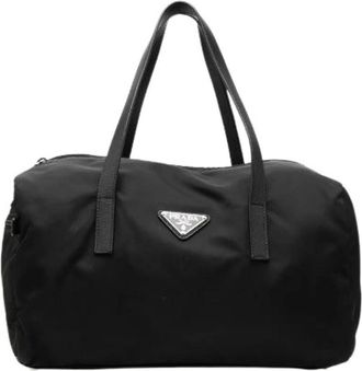 Prada Pre-owned Handbags, female, Black, Size: ONE SIZE Pre-owned Triangle Logo Nylon Leather Handbag