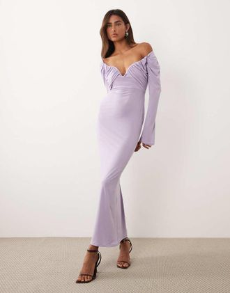 Asos Vestito midi sinuoso con scollo alla Bardot e bustino con ferretto lilla-Viola