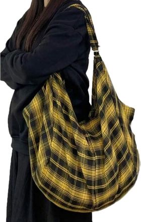 Generic NYSDM Vintage Plaid Canvas Tote Women Large Capacity Fashion Travel Shoulder Bag for Work Shopping Aesthetic Designer