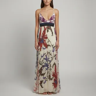 Roberto Cavalli White Floral Print Silk Crepe D&eacute;collet&eacute; Maxi Dress