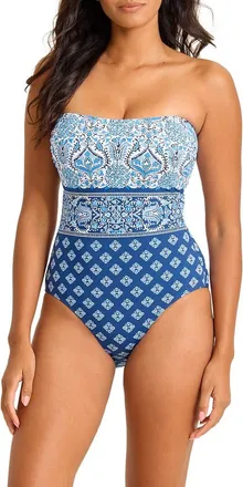 Tommy Bahama Noble Pineapple Strapless One-Piece Swimsuit in Indigo Tide at Nordstrom, Size 12