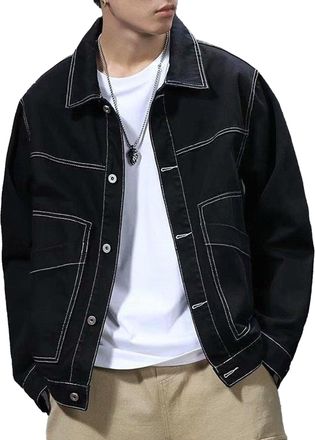 Generic Mens Denim Jackets Fashion Casual Solid Single Breasted Turn-Down Collar Cowboy Coat