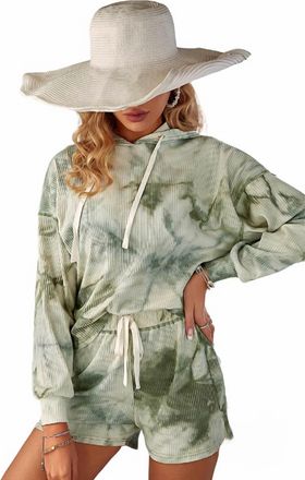 Hidden Jeans Jessica Waffle Tie Dye Hoodie And Short Set In Olive