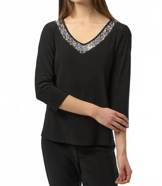 Joseph Ribkoff V-Neck Sequined Straight Top In Black/silver