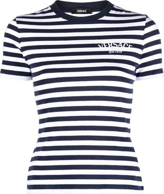 Versace logo-embroidered striped T-shirt - women - Polyester/Cotton/Spandex/Elastane - 44 - Blue