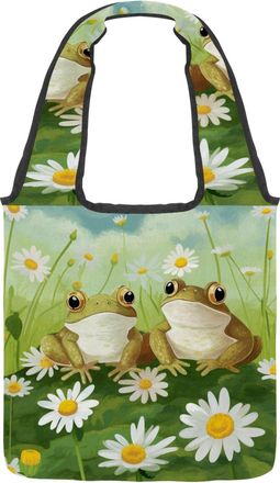 Generic Frogs and Daisies Reversible Canvas Shoulder Tote - Double-Sided Print, 12oz Cotton, 27cm Drop, Fold-Flat Bag for Travel, Shopping, Street Outings