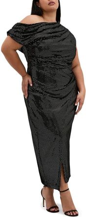 City Chic Shimmy Ruched One-Shoulder Midi Cocktail Dress in Black at Nordstrom, Size Xxl