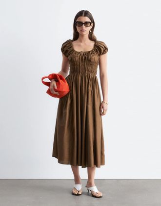 & Other Stories Vestito midi a maniche corte in puro cotone marrone con scollo rotondo