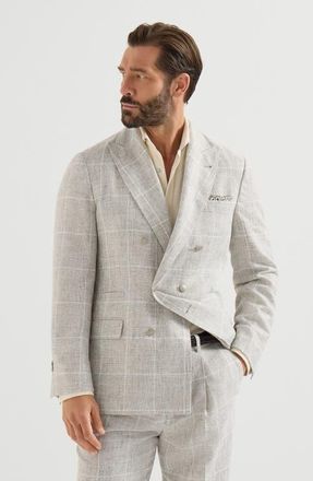 Brunello Cucinelli Linen Prince of Wales one-and-a-half breasted deconstructed blazer with metal buttons in Panama at Nordstrom, Size 52
