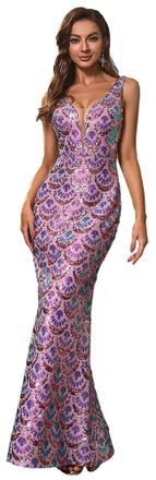 Angel Fashions Womens V Neck Splicing Tulle Pattern Sequin Elegant Long Mermaid Prom Dress Purple Size 18