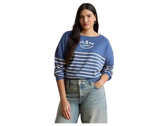 Lauren Ralph Lauren Plus Size Logo Striped Cotton Boatneck Sweater Womens Clothing Carson Blue/ Mascarpone Cream : 3X