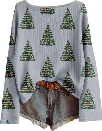 Generic Womens Christmas T Shirts Funny Christmas Funny Xmas Tree Snowman Print Tops Loose Long-Sleeved Sweater Casual Pullover Knitted Top with Multiple Desi