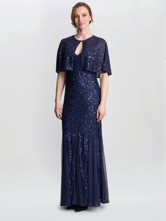 Gina Bacconi Womens Jordan Sequin Beaded Maxi Dress And Jacket - Navy - Size 10 UK