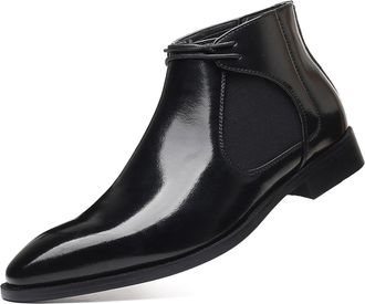Generic Mens Patent Leather Chelsea Ankle Boots - Slip-On PU Leather High-Top Dress Shoes for Business and Casual Wear,Black,7.5 UK