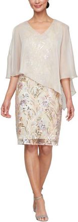 S.L. Fashions Sequin Embroidery Sheath with Cape Overlay in Chai/Multi at Nordstrom, Size 12P