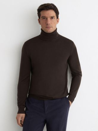 Reiss Dark Brown Slim Fit Merino Wool Roll Neck Jumper, Xxl