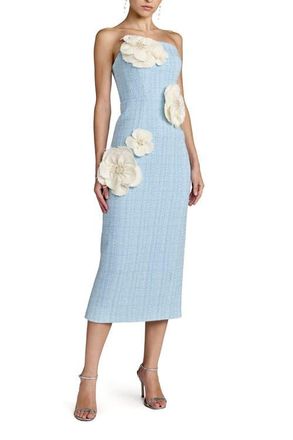 Mac Duggal Strapless Boucle Fitted Midi Dress With 3D Flowers in Powder Blue Multi at Nordstrom, Size 14