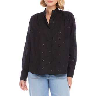 Karen Kane Floral Embellished Button-Up Shirt in Black at Nordstrom, Size X-Small