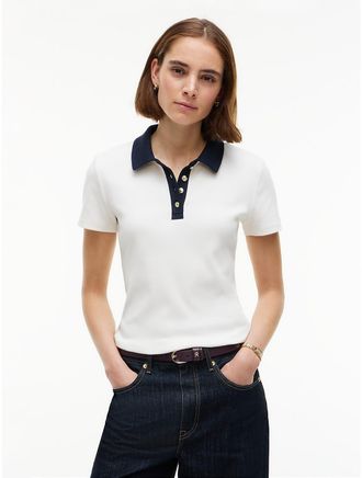 Tommy Hilfiger Womens Gold-Button Ribbed Polo - Ivory Silk Combo - XXL