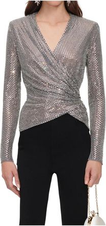 Self Portrait Rhinestone Mesh Wrap Top - Dames - Longsleeves - Grijs - M - Polyester - Tops
