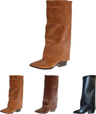 Generic Mid Calf Boots for Womens Fold Over Pointed Toe Boots Ladies Chunky Heel Pull-On Shoes Winter Waterproof Slip Resistant Rouched Shoes for Dates, Parti