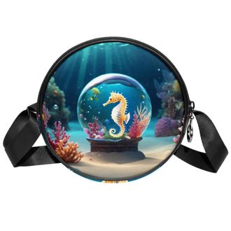 Generic Circle Crossbody Bag for Women, Seahorse Crystal Ball Small Sling Bag Daypack with Zipper Adjustable Shoulder Straps Casual Ladies Girls Round Purse