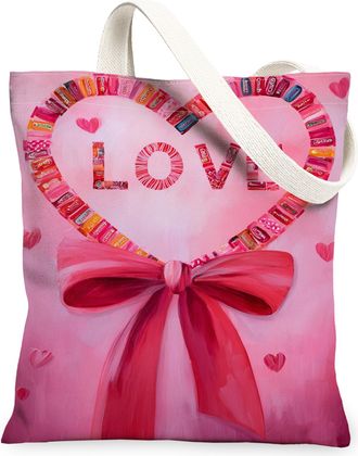 Generic ValentineS Heart Canvas Tote Bags, Love Bow Design Reusable Shopping Bags, Lightweight Washable Eco-Friendly Tote for Outd, Peach, 13x15 Inch