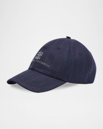 Brunello Cucinelli Men & apos;s Logo Pinstripe Virgin Wool Baseball Cap