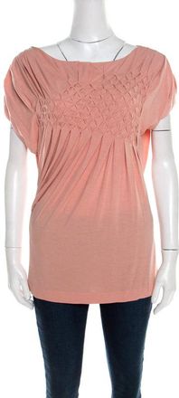 Escada Bellini Pink Diamond Pattern Pleated Jersey Cap Sleeve Estrelle Top